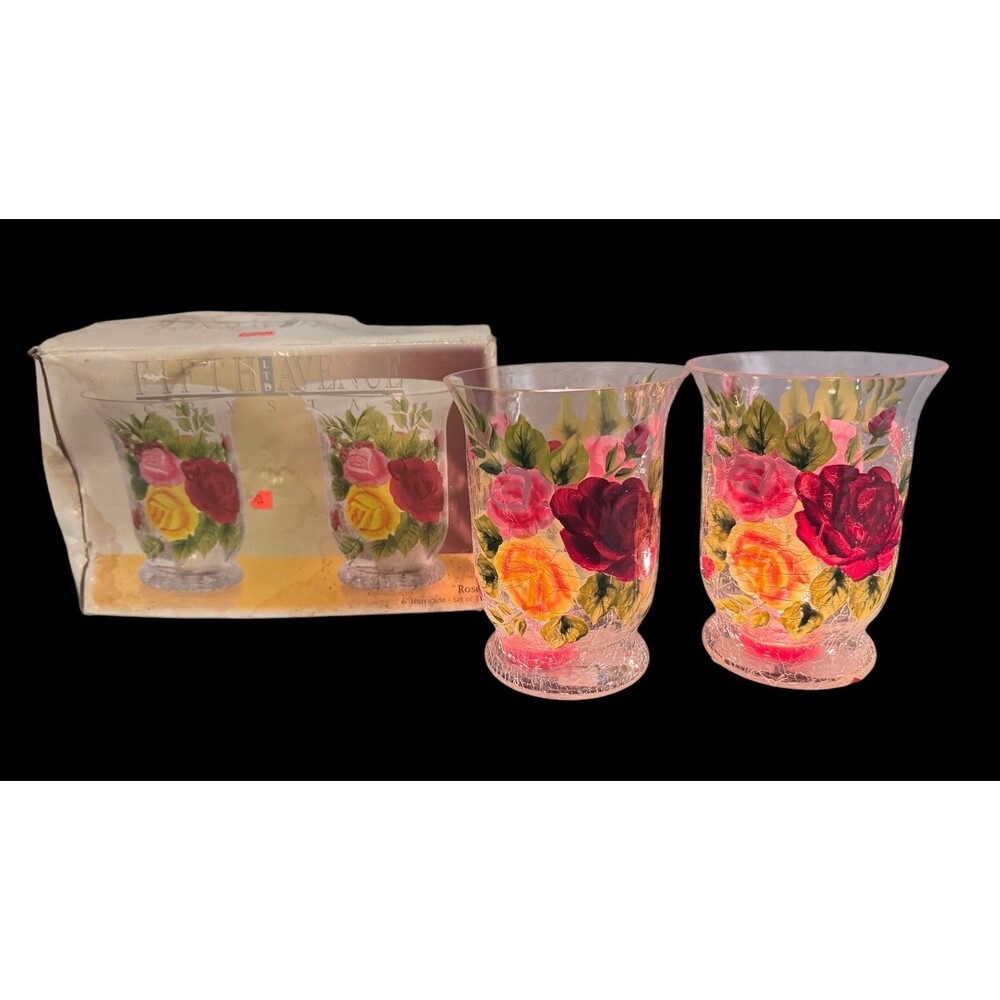 2 Fifth Avenue Crystal Roses Glass Candle Holders / Tealites Hand Painted Shabby